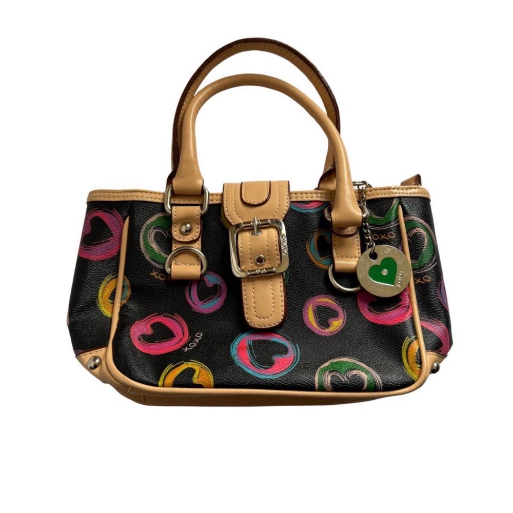 XOXO Black Satchel with Multicolor Heart Circles and Tan Trim